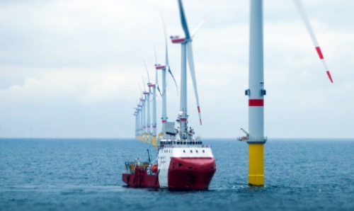 Boat in offshore windfarm