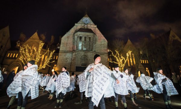 Drama students congregated in the University’s Old Quadrangle