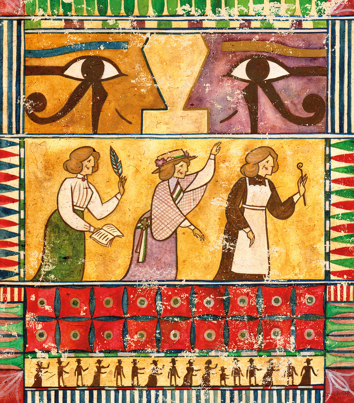 Illustration depicting the three pioneering areas of Margaret Murray's life; as an academic; a suffragette; and a egyptologist