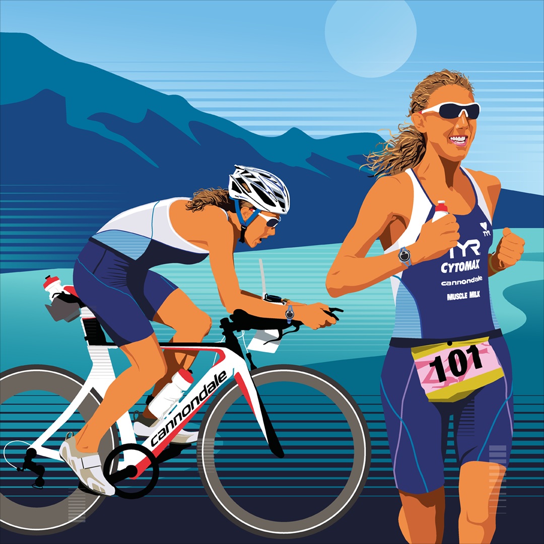 Illustration of Chrissie Wellington OBE running and cycling 