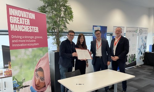 Andy Burnham, Lou Cordwell, Indro Mukerjee and Chris Oglesby at the signing of the Memorandum of Understanding in Greater Manchester.